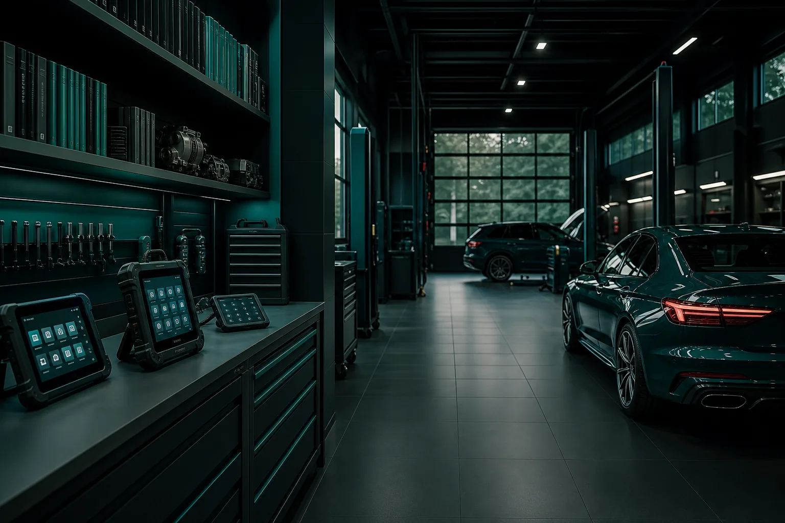 Werkstattraum mit Diagnoseequipment und Fachliteratur, Hintergrundbild 1920x1080 Pixel