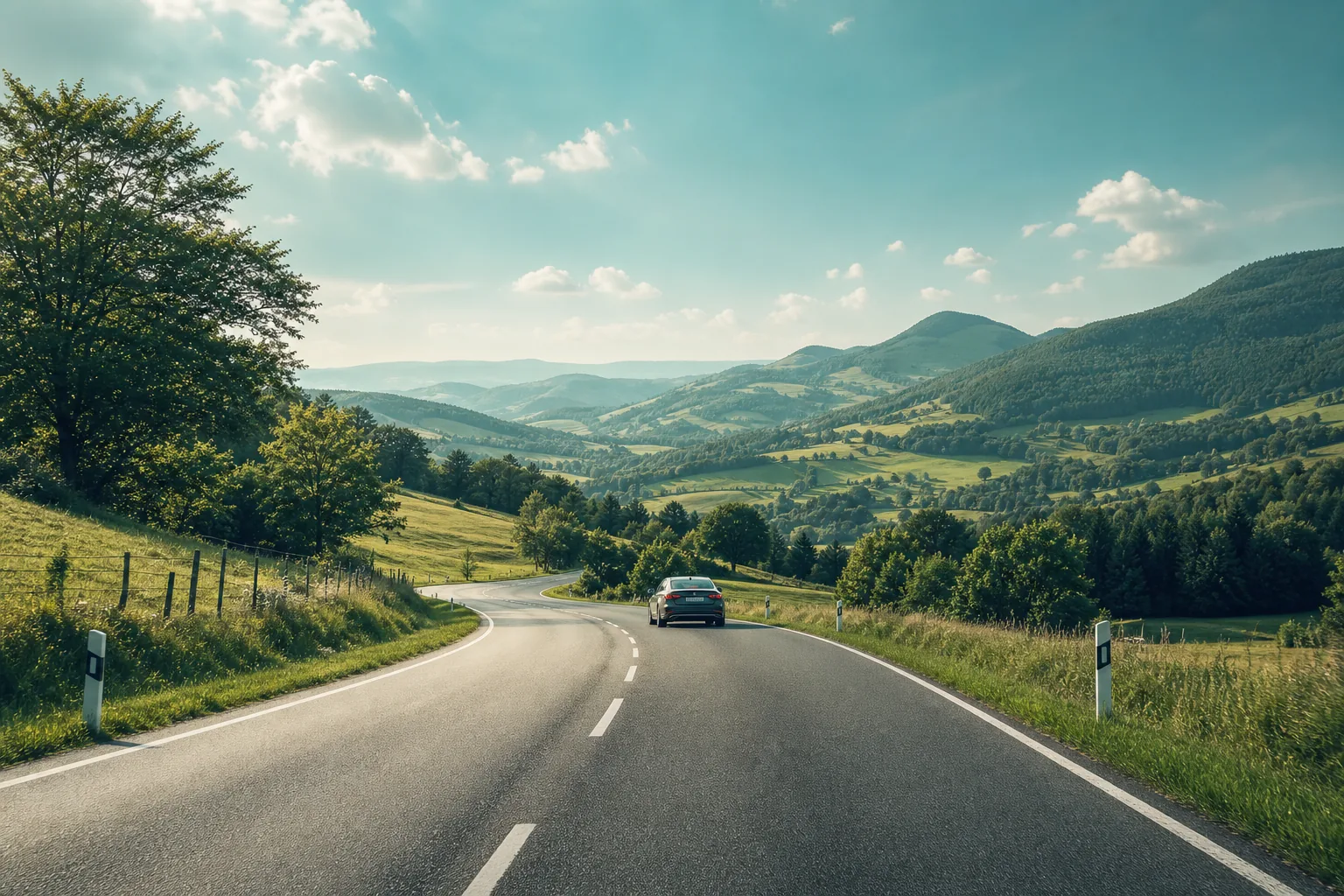 Sicheres Fahren auf einer deutschen Landstraße bei guter Sicht, Bildgröße 1200x600 Pixel