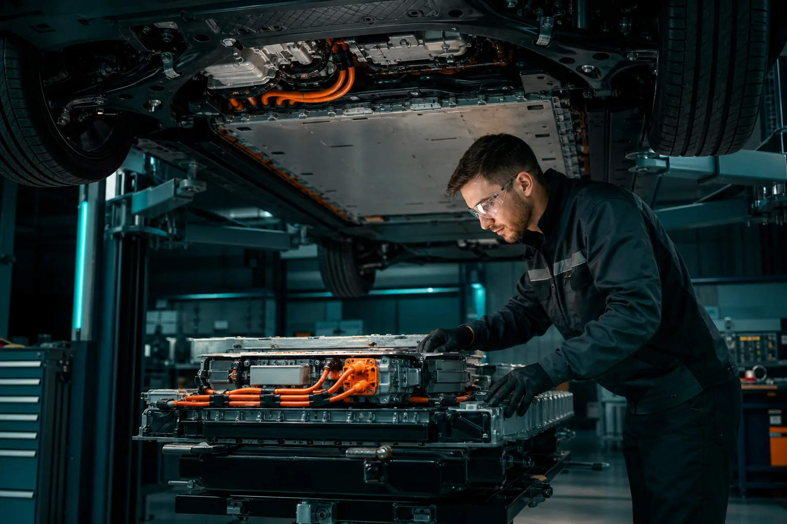Hybrid-Fahrzeug Hochvoltbatterie Wartung in einer Fachwerkstatt, Titelbild 1200x675 Pixel
